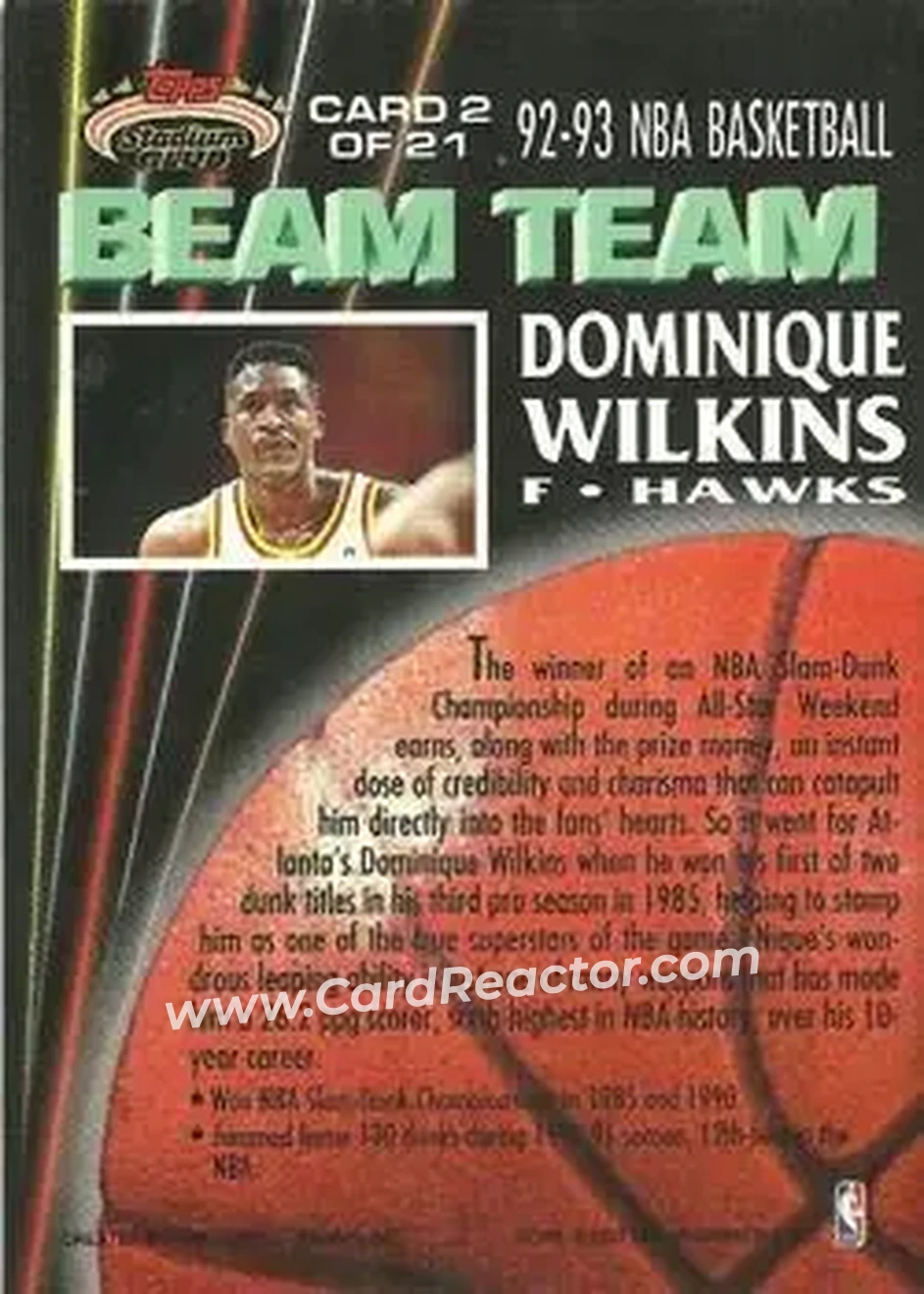 1992-93 Stadium Club - Beam Team - Members Only #2 - Dominique Wilkins - Atlanta Hawks - Back 1992-93 Stadium Club - Beam Team - Members Only #2 - Dominique Wilkins - Atlanta Hawks - Back