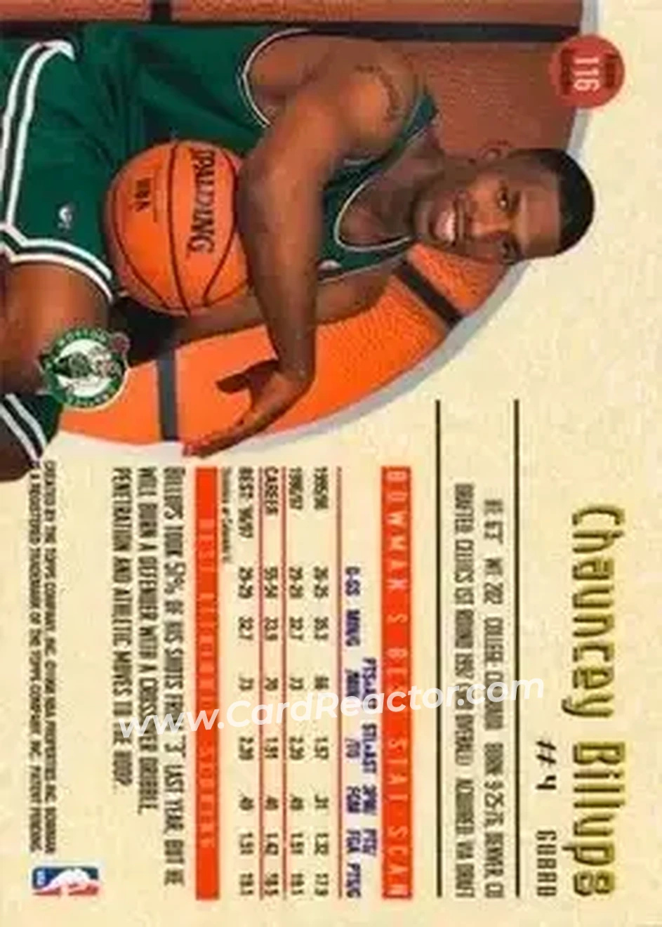 1997-98 Bowman's Best - Autograph Atomic Refractors #116 - Chauncey Billups - Boston Celtics - Back 1997-98 Bowman's Best - Autograph Atomic Refractors #116 - Chauncey Billups - Boston Celtics - Back
