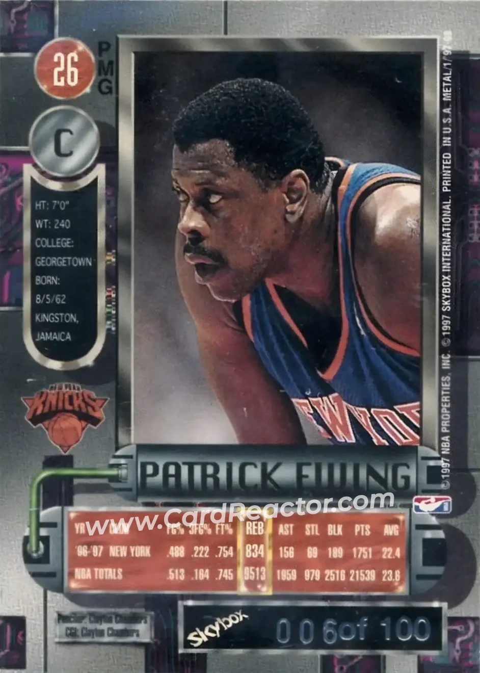 1997-98 Metal Universe - Precious Metal Gems Emerald #26 PMG - Patrick Ewing - New York Knicks - Back 1997-98 Metal Universe - Precious Metal Gems Emerald #26 PMG - Patrick Ewing - New York Knicks - Back