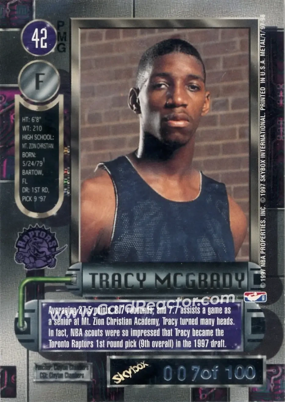 1997-98 Metal Universe - Precious Metal Gems Emerald #42 PMG - Tracy McGrady - Toronto Raptors - Back