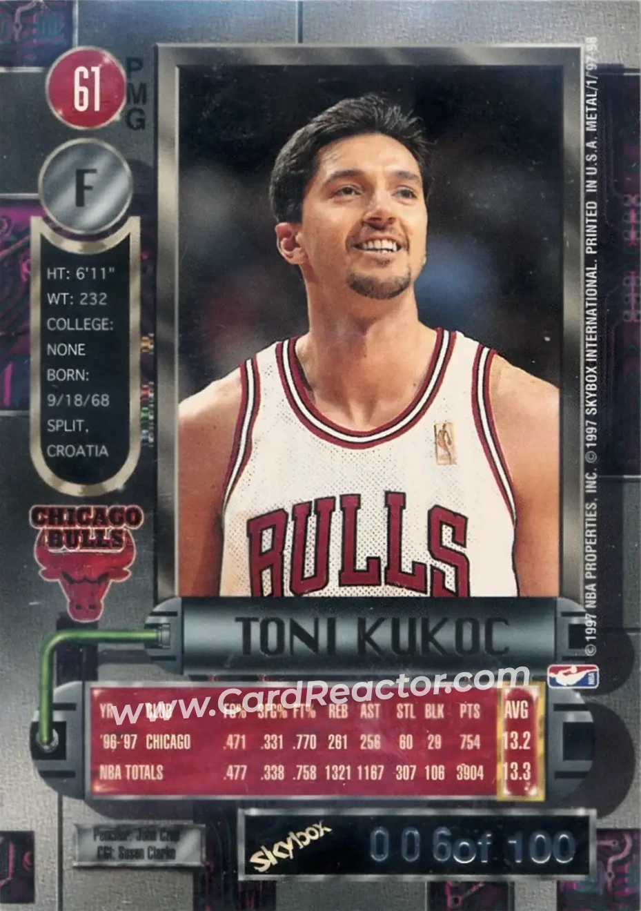 1997-98 Metal Universe - Precious Metal Gems Emerald #61 PMG - Toni Kukoc - Chicago Bulls - Back