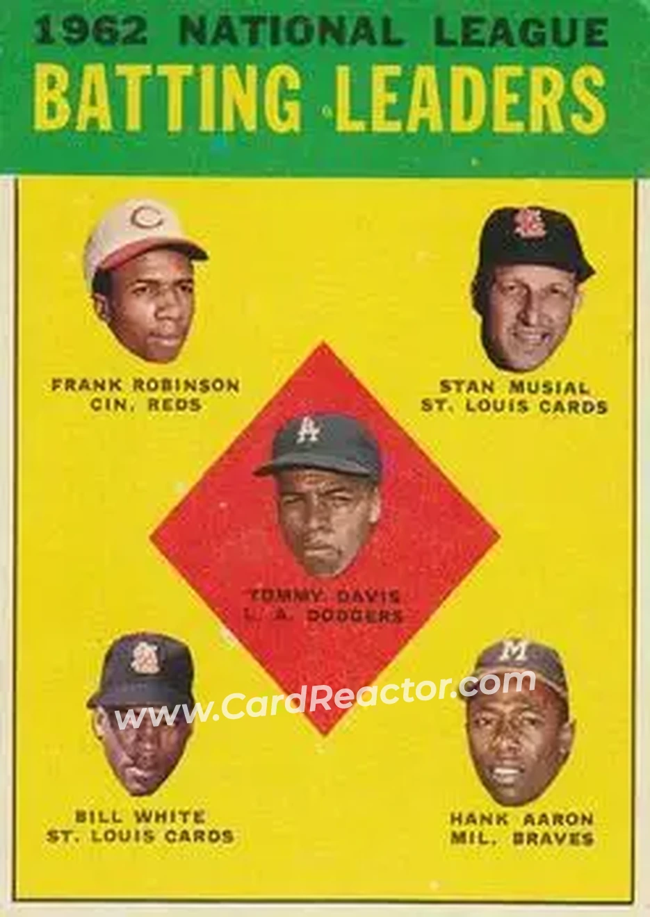 1963 Topps #1 - Hank Aaron & Tommy Davis & Stan Musial & Frank Robinson & Bill White - Cincinnati Reds, Los Angeles Dodgers, Milwaukee Braves, St. Louis Cardinals