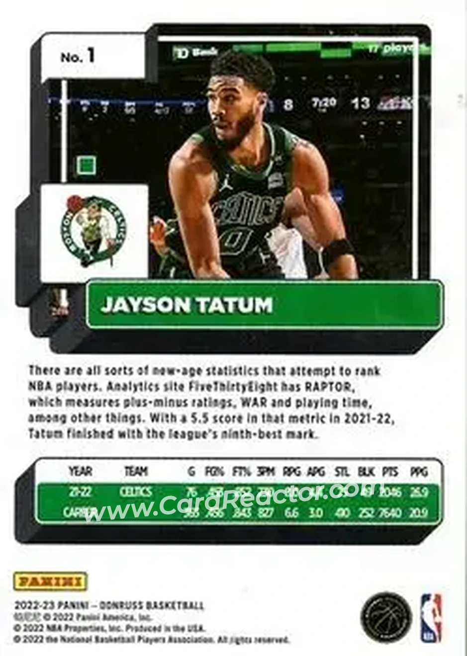 2022-23 Donruss #1 - Jayson Tatum - Boston Celtics - Back 2022-23 Donruss #1 - Jayson Tatum - Boston Celtics - Back