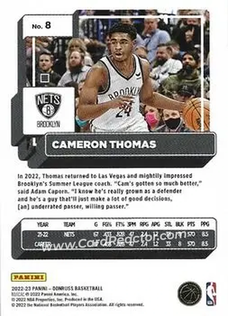 2022-23 Donruss #8 - Cam Thomas - Brooklyn Nets - Back