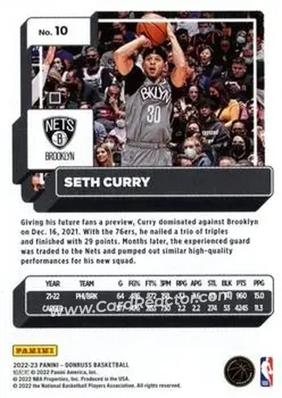 2022-23 Donruss #10 - Seth Curry - Brooklyn Nets - Back 2022-23 Donruss #10 - Seth Curry - Brooklyn Nets - Back