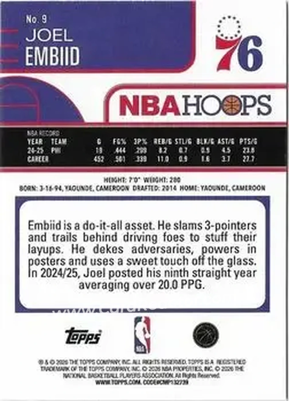 2025-26 Hoops #9 - Joel Embiid - Philadelphia 76ers - Back