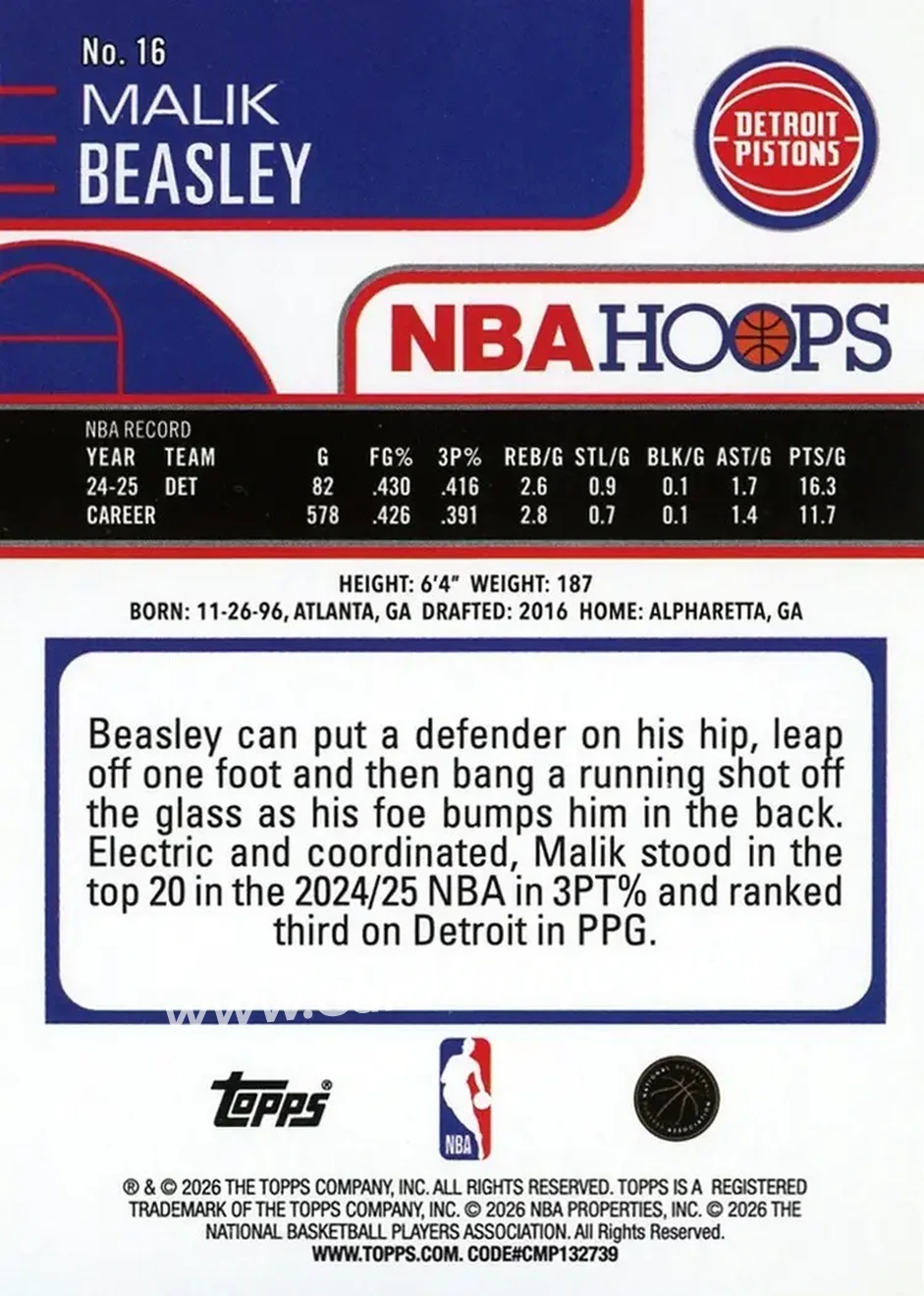 2025-26 Hoops #16 - Malik Beasley - Detroit Pistons - Back 2025-26 Hoops #16 - Malik Beasley - Detroit Pistons - Back