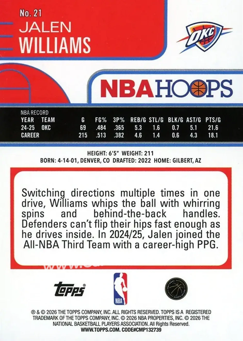2025-26 Hoops #21 - Jalen Williams - Oklahoma City Thunder - Back 2025-26 Hoops #21 - Jalen Williams - Oklahoma City Thunder - Back