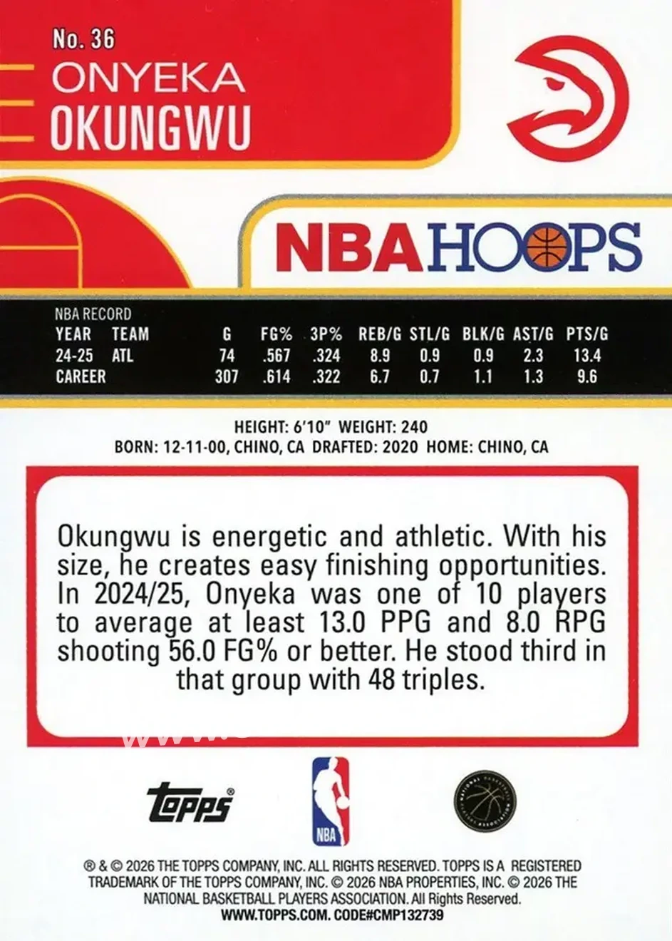 2025-26 Hoops #36 - Onyeka Okongwu - Atlanta Hawks - Back