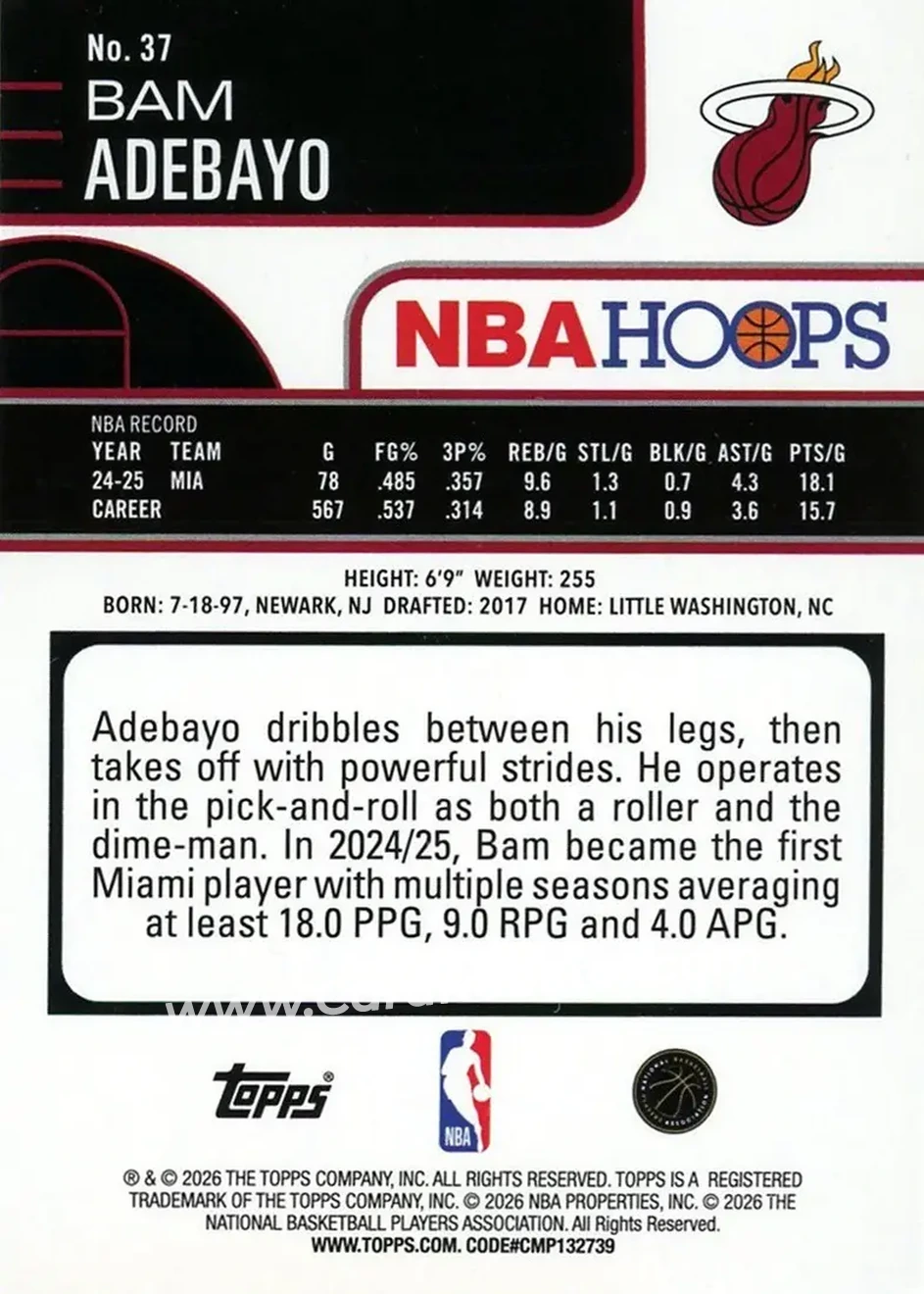 2025-26 Hoops #37 - Bam Adebayo - Miami Heat - Back