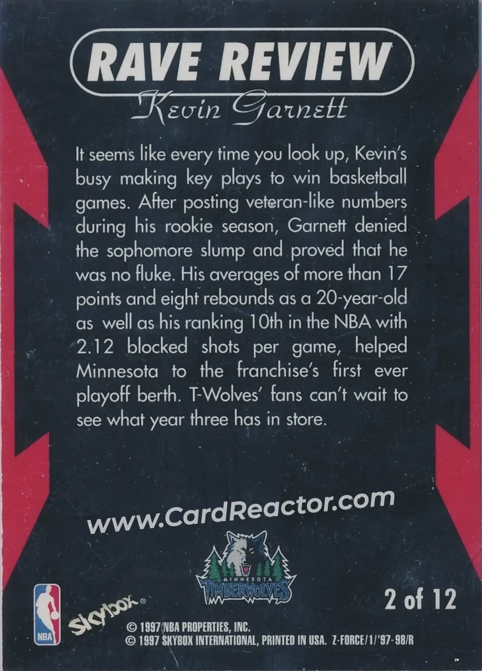 1997-98 SkyBox Z-Force - Rave Reviews #2 - Kevin Garnett - Minnesota Timberwolves - Back