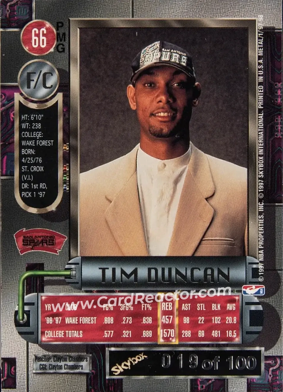 1997-98 Metal Universe - Precious Metal Gems #66 - Tim Duncan - San Antonio Spurs - Back 1997-98 Metal Universe - Precious Metal Gems #66 - Tim Duncan - San Antonio Spurs - Back