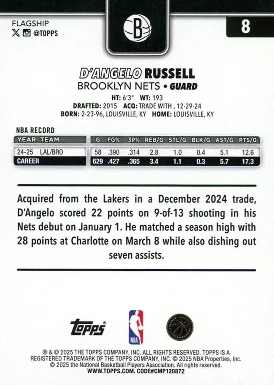 2025-26 Topps #8 - D'Angelo Russell - Brooklyn Nets - Back