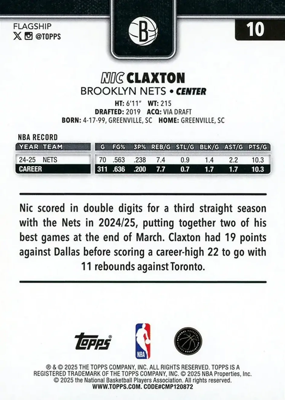 2025-26 Topps #10 - Nic Claxton - Brooklyn Nets - Back