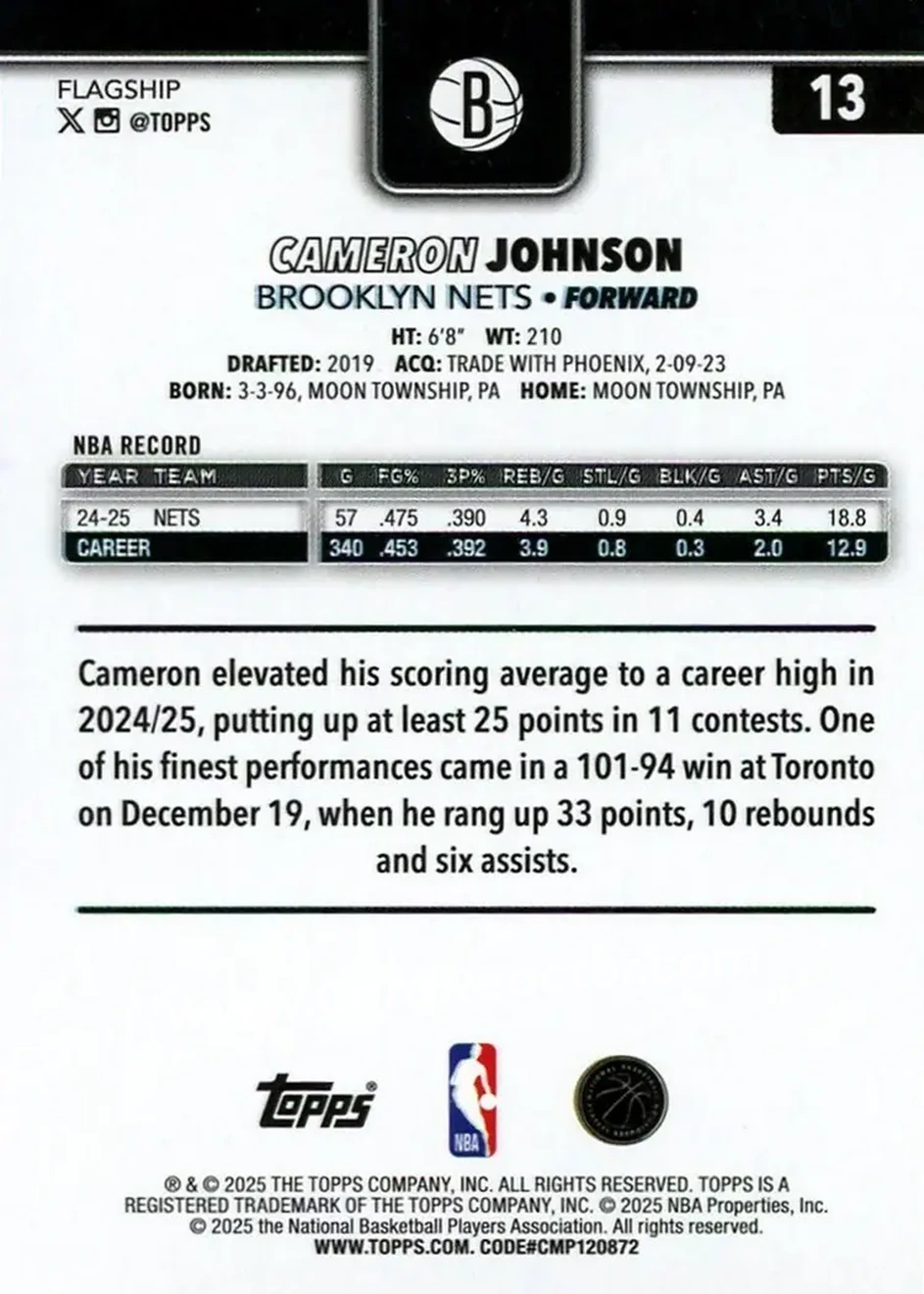2025-26 Topps #13 - Cameron Johnson - Brooklyn Nets - Back 2025-26 Topps #13 - Cameron Johnson - Brooklyn Nets - Back