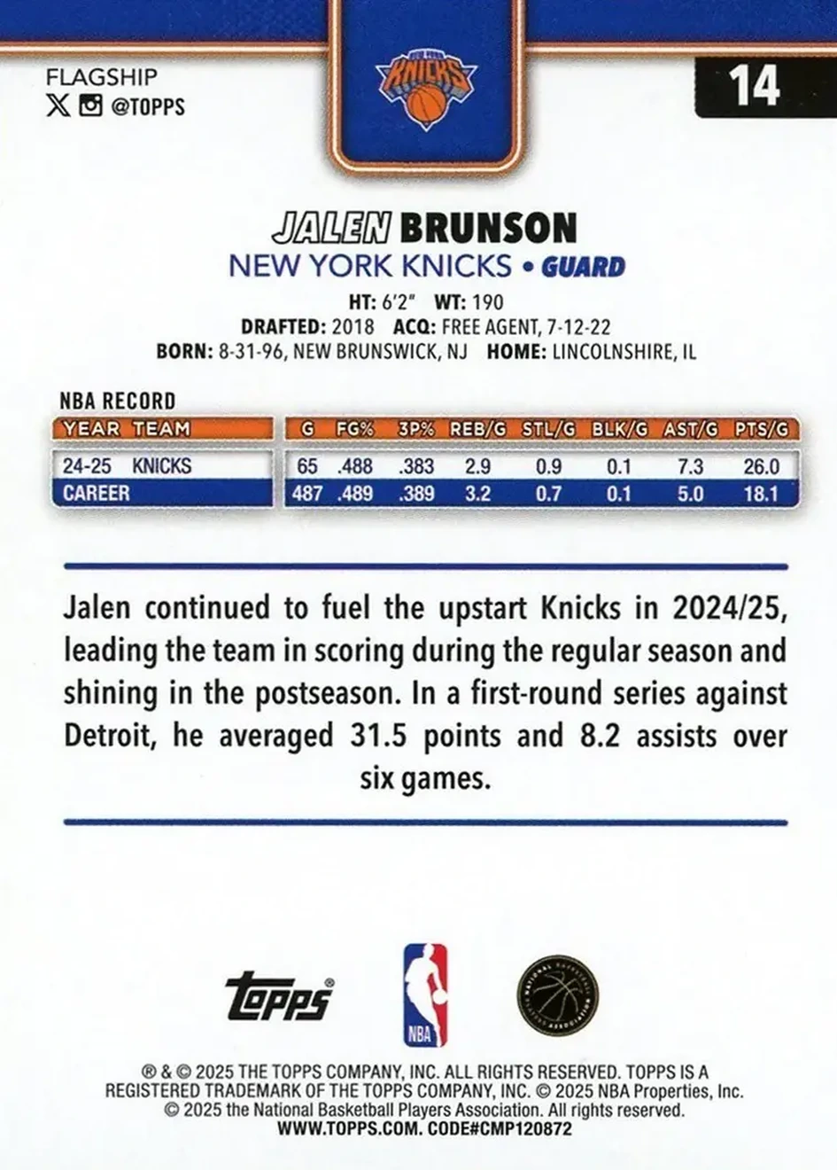 2025-26 Topps #14 - Jalen Brunson - New York Knicks - Back