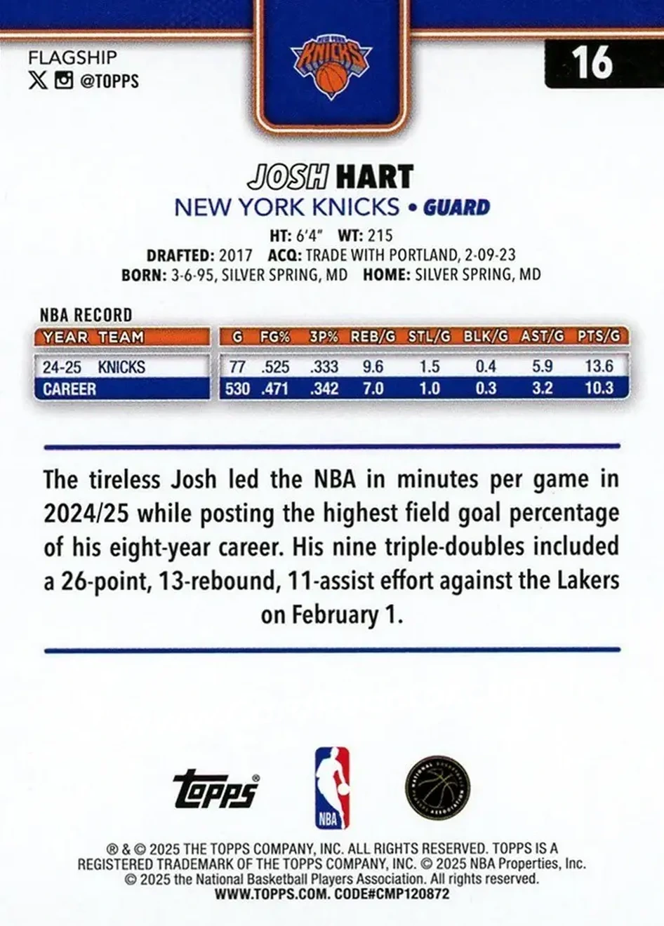2025-26 Topps #16 - Josh Hart - New York Knicks - Back