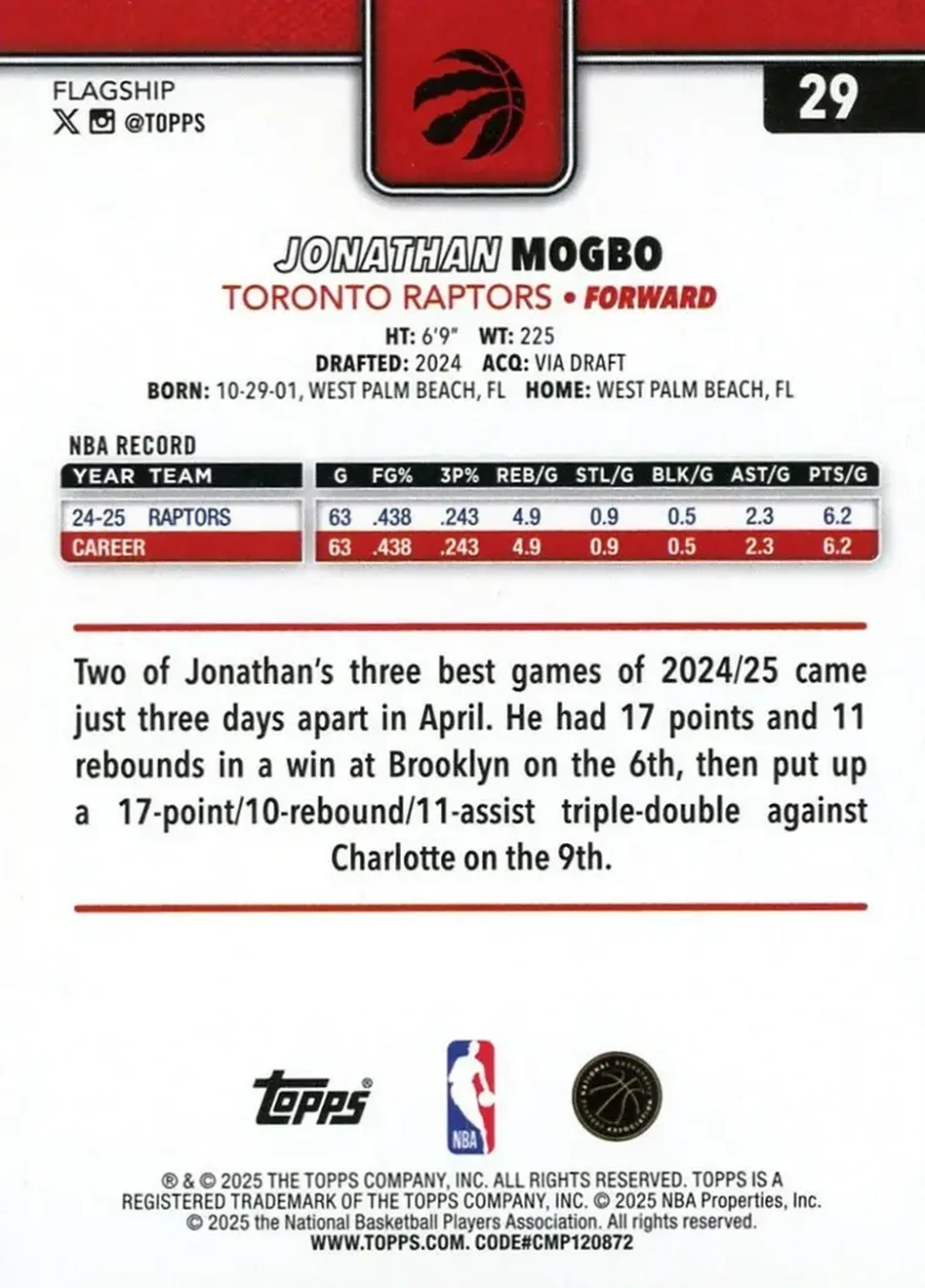 2025-26 Topps #29 - Jonathan Mogbo - Toronto Raptors - Back