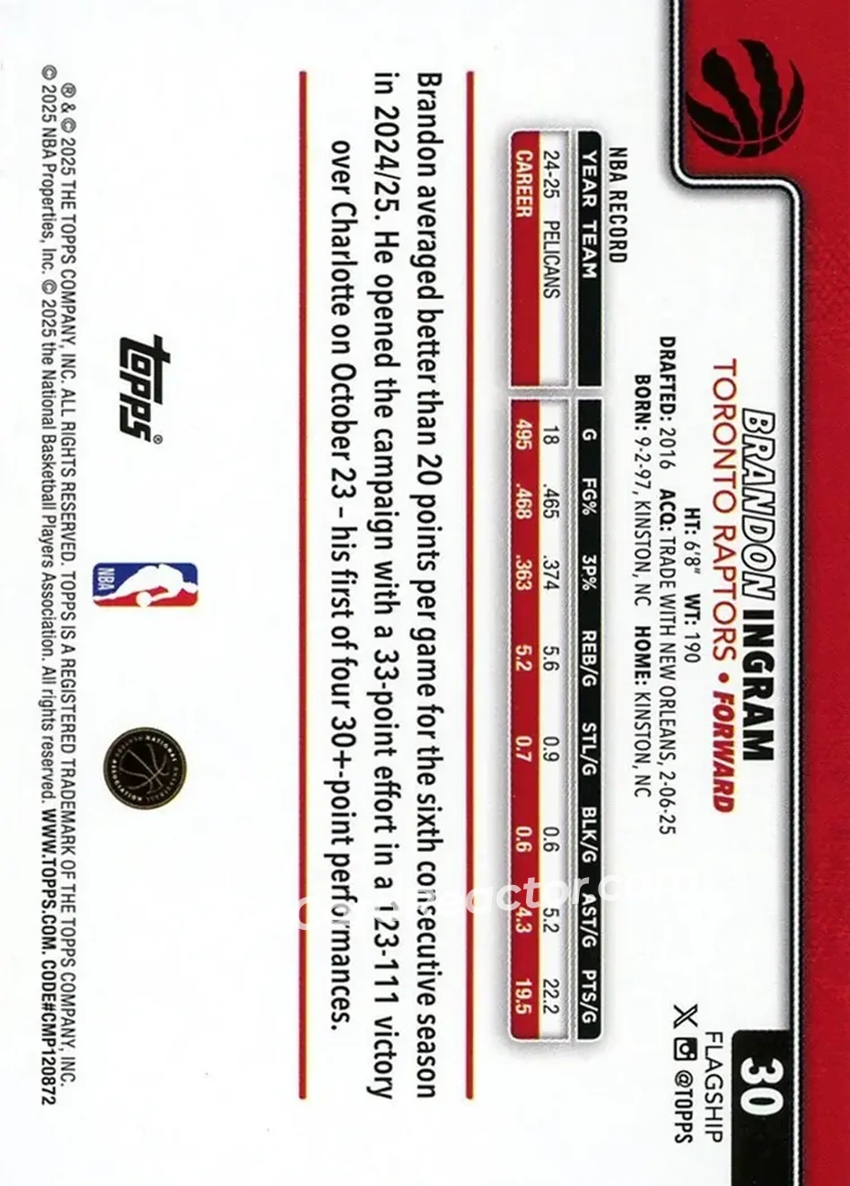 2025-26 Topps #30 - Brandon Ingram - Toronto Raptors - Back