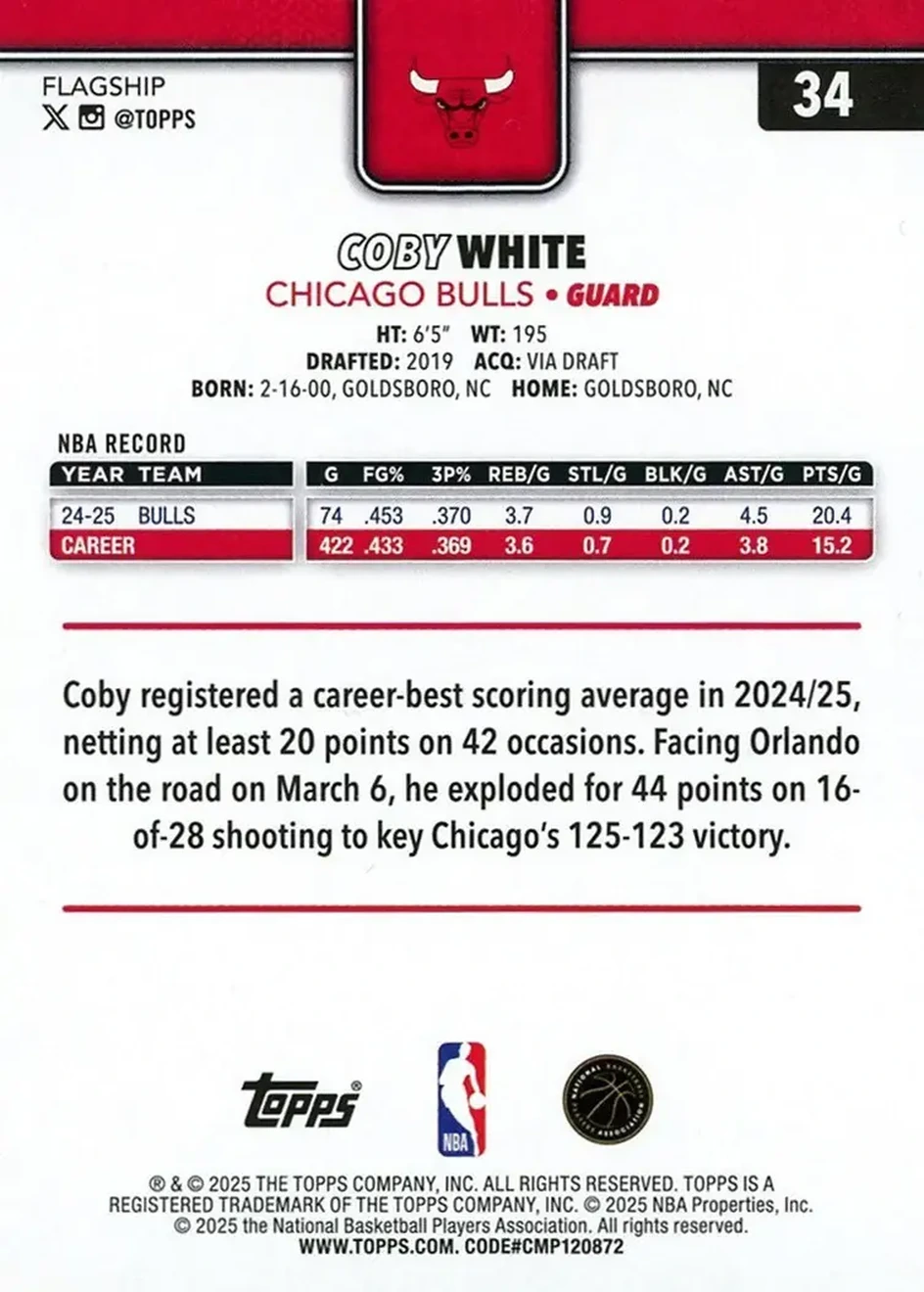 2025-26 Topps #34 - Coby White - Chicago Bulls - Back 2025-26 Topps #34 - Coby White - Chicago Bulls - Back