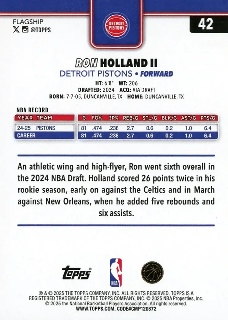 2025-26 Topps #42 - Ron Holland II - Detroit Pistons - Back