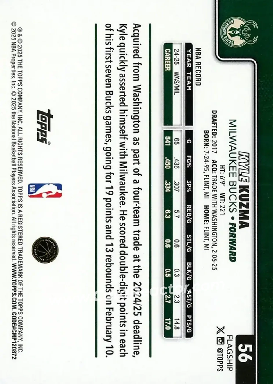 2025-26 Topps #56 - Kyle Kuzma - Milwaukee Bucks - Back