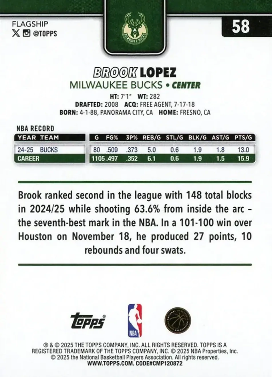 2025-26 Topps #58 - Brook Lopez - Milwaukee Bucks - Back