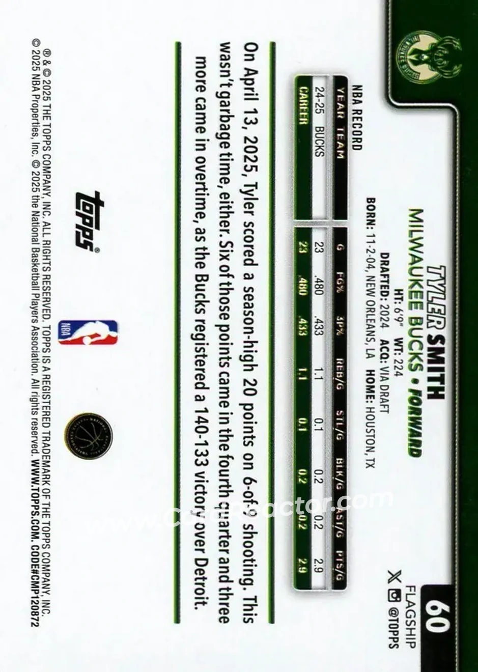 2025-26 Topps #60 - Tyler Smith - Milwaukee Bucks - Back