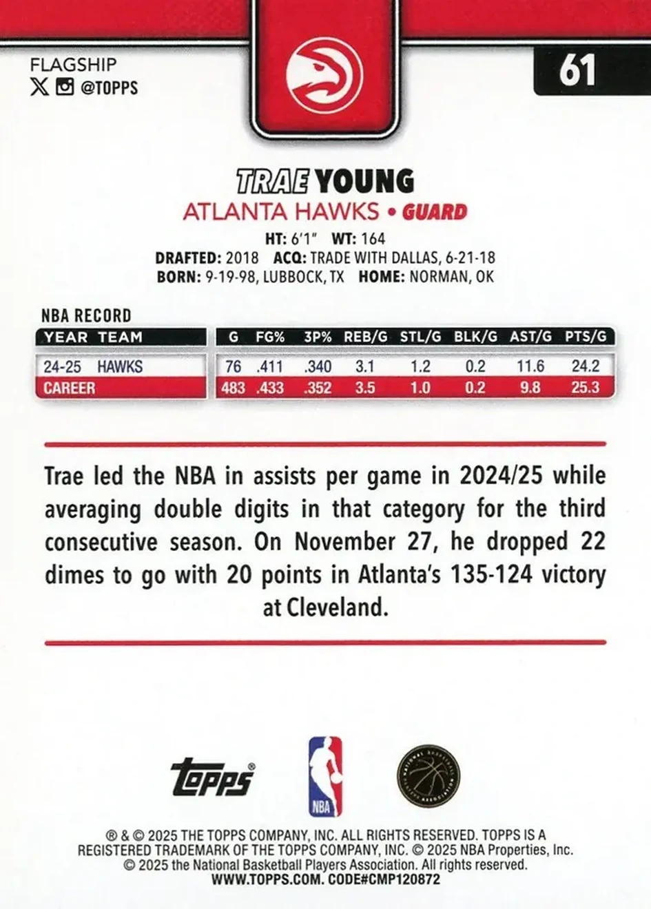 2025-26 Topps #61 - Trae Young - Atlanta Hawks - Back