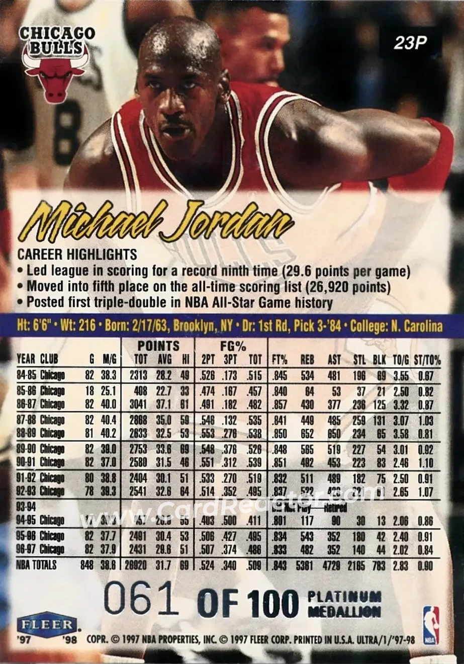 1997-98 Ultra - Platinum Medallion #23P - Michael Jordan - Chicago Bulls - Back 1997-98 Ultra - Platinum Medallion #23P - Michael Jordan - Chicago Bulls - Back