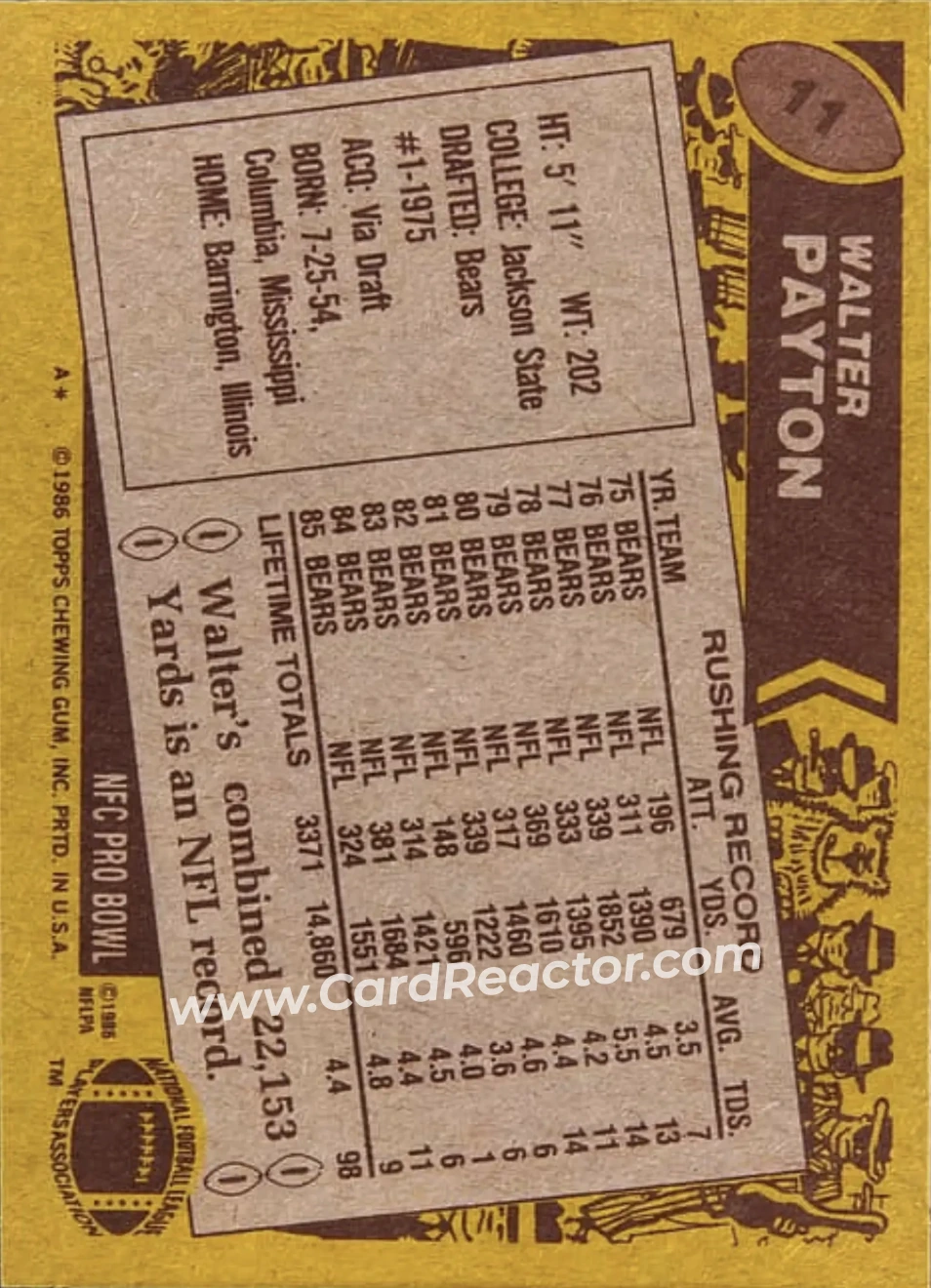 1986 Topps #11 - Walter Payton - Back