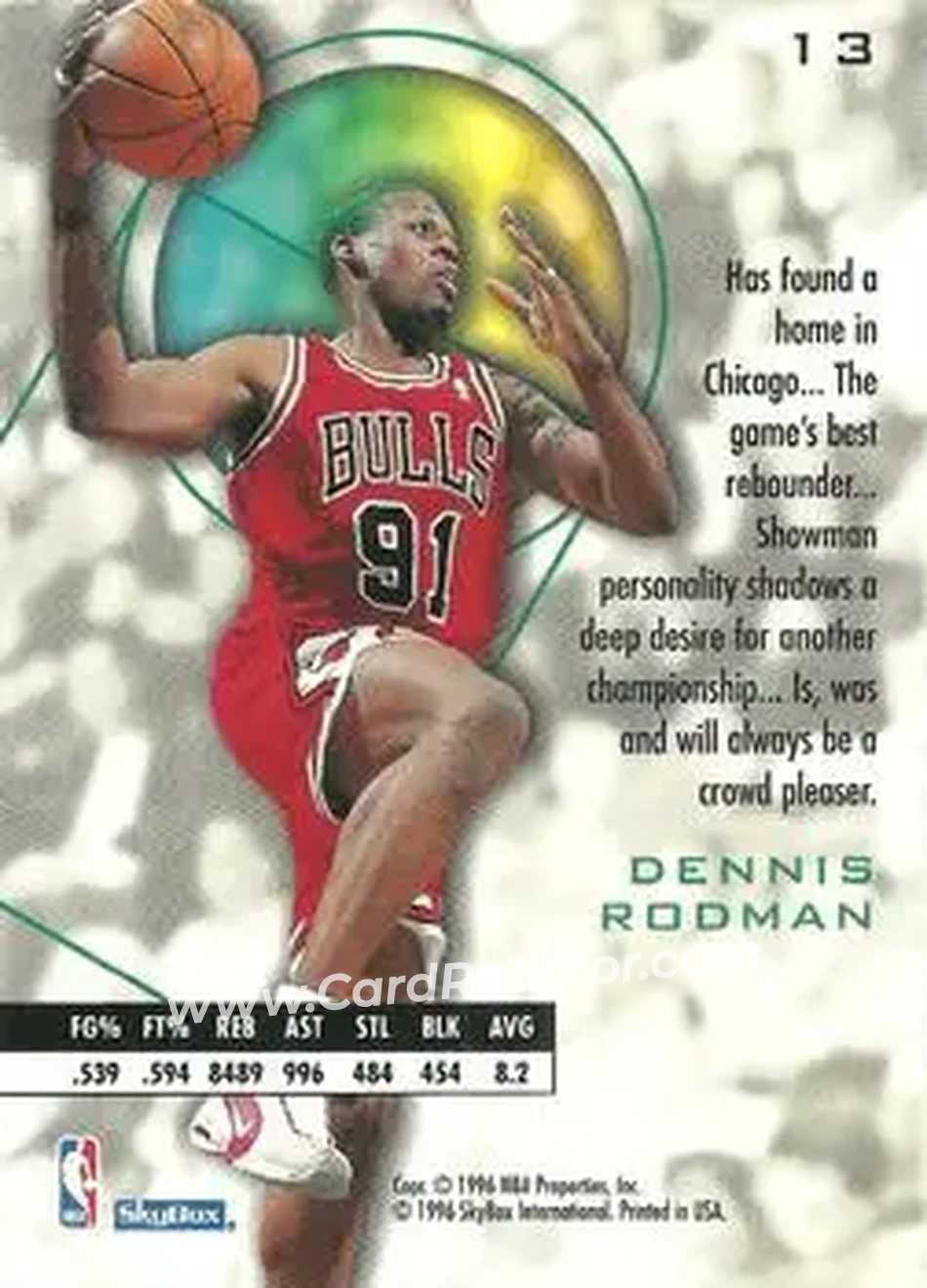 1995-96 SkyBox E-XL - Blue #13 - Dennis Rodman - Chicago Bulls - Back