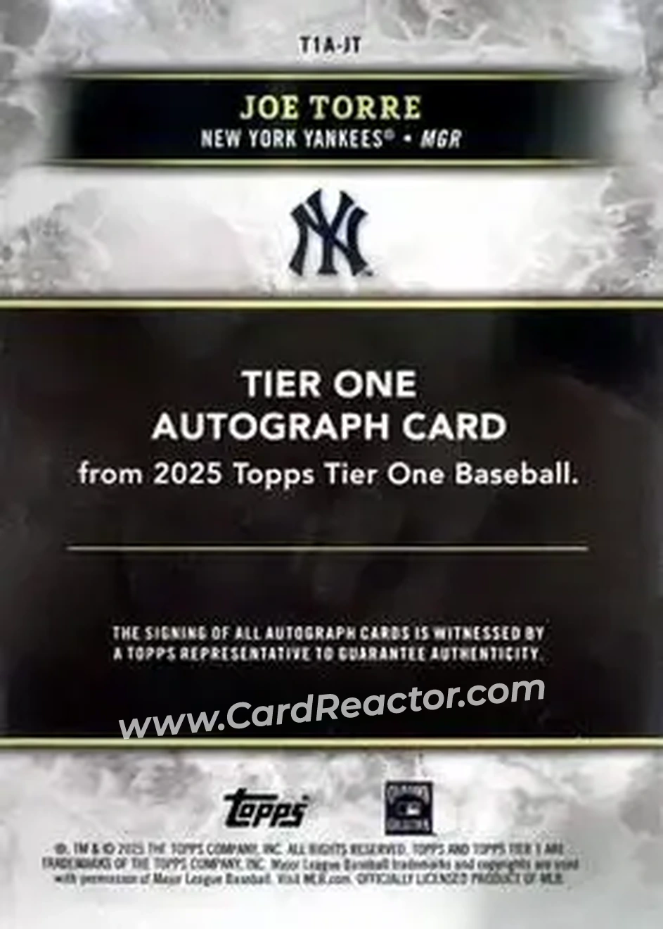 2025 Topps Tier One - Tier One Autographs #T1A-JT - Joe Torre - New York Yankees - Back 2025 Topps Tier One - Tier One Autographs #T1A-JT - Joe Torre - New York Yankees - Back