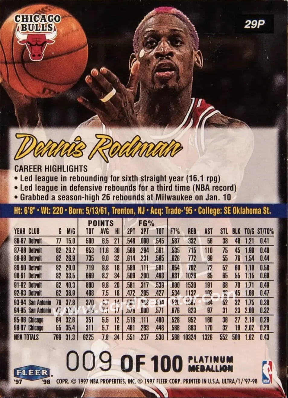1997-98 Ultra - Platinum Medallion #29 - Dennis Rodman - Chicago Bulls - Back
