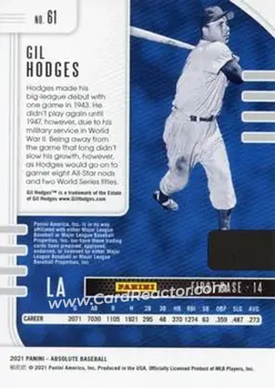 2021 Panini Absolute - Spectrum Blue #61 - Gil Hodges - Los Angeles Dodgers - Back