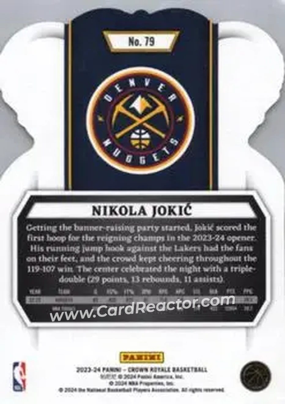2023-24 Panini Crown Royale - Crystal #79 - Nikola Jokić - Denver Nuggets - Back