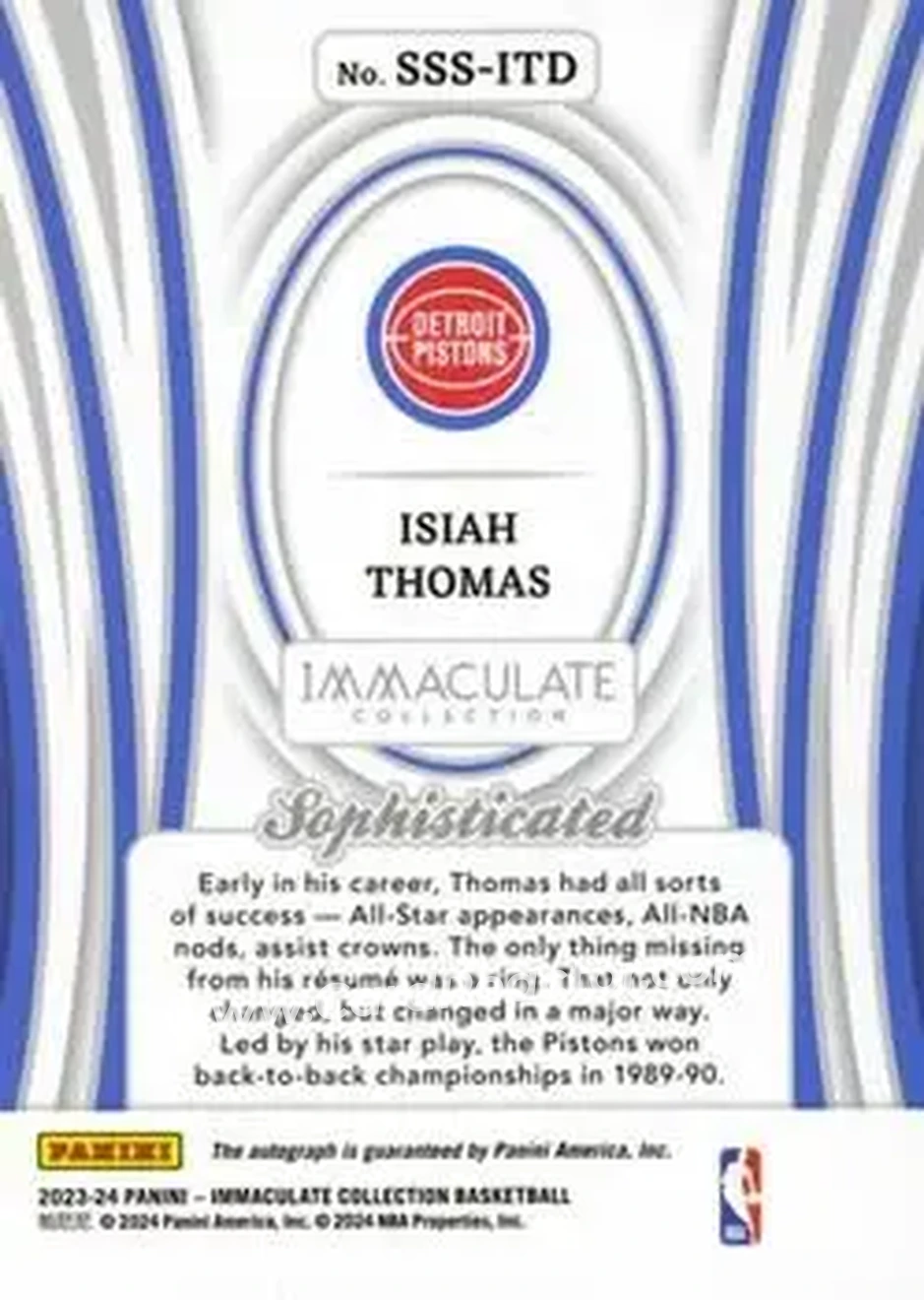 2023-24 Panini Immaculate Collection - Sophisticated Signatures Gold #SSS-ITD - Isiah Thomas - Detroit Pistons - Back 2023-24 Panini Immaculate Collection - Sophisticated Signatures Gold #SSS-ITD - Isiah Thomas - Detroit Pistons - Back