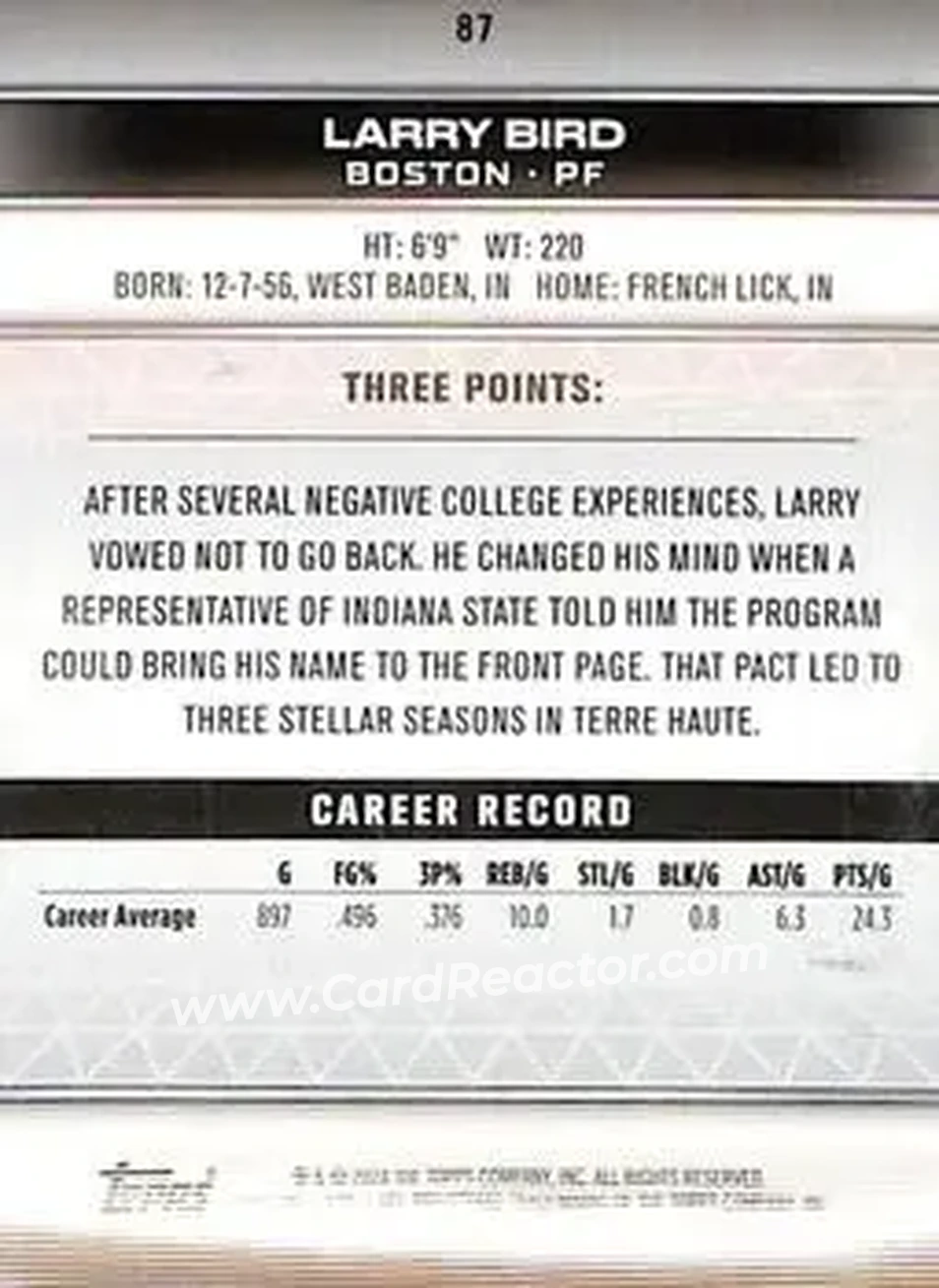2023-24 Topps 3 - Bronze #87 - Larry Bird - Boston Celtics - Back