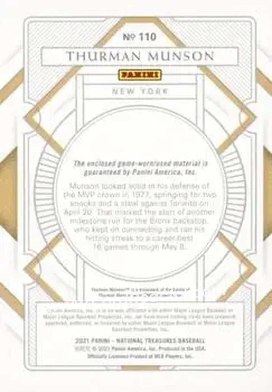 2021 Panini National Treasures - Holo Gold #110 - Thurman Munson - New York Yankees - Back