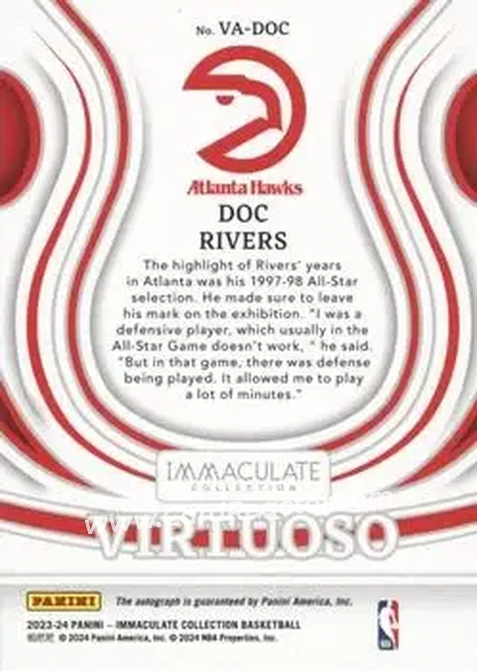 2023-24 Panini Immaculate Collection - Virtuoso Autographs Red #VA-DOC - Doc Rivers - Atlanta Hawks - Back