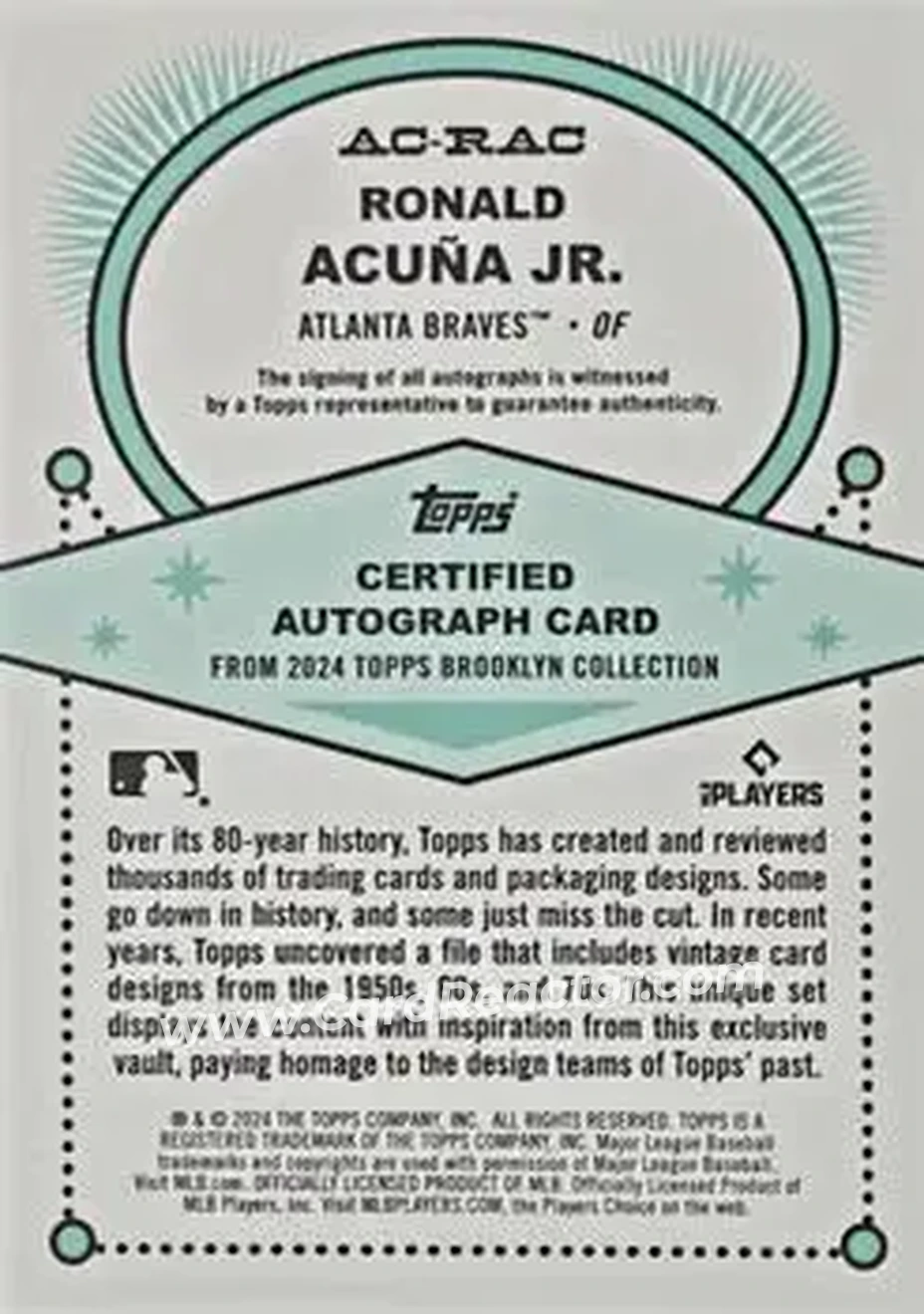 2024 Topps Brooklyn Collection - Autographs Gold #AC-RAC - Ronald Acuña Jr. - Atlanta Braves - Back