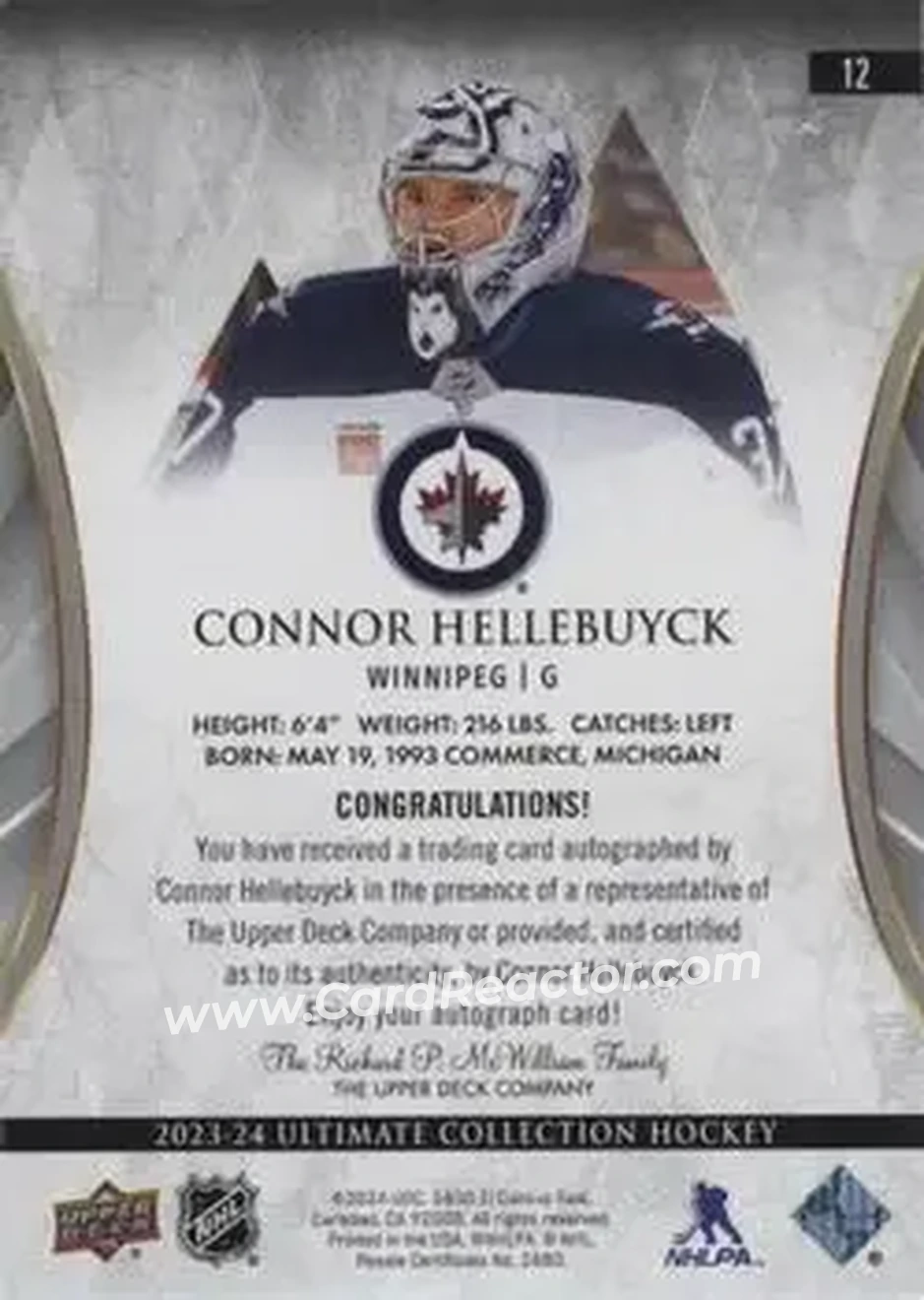 2023-24 Upper Deck Ultimate Collection - Autographs #12 - Connor Hellebuyck - Winnipeg Jets - Back 2023-24 Upper Deck Ultimate Collection - Autographs #12 - Connor Hellebuyck - Winnipeg Jets - Back
