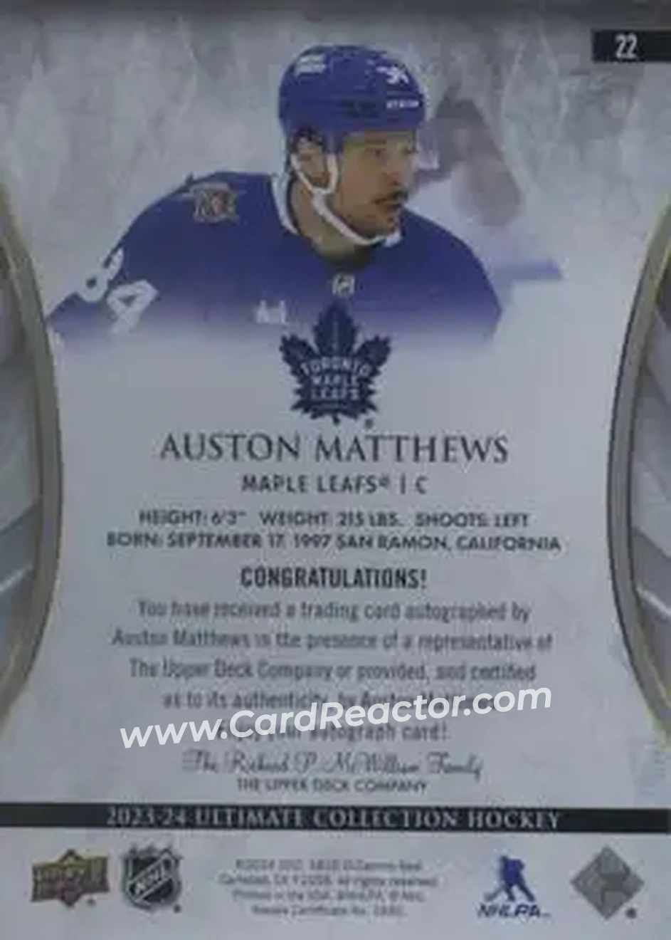 2023-24 Upper Deck Ultimate Collection - Autographs #22 - Auston Matthews - Toronto Maple Leafs - Back 2023-24 Upper Deck Ultimate Collection - Autographs #22 - Auston Matthews - Toronto Maple Leafs - Back