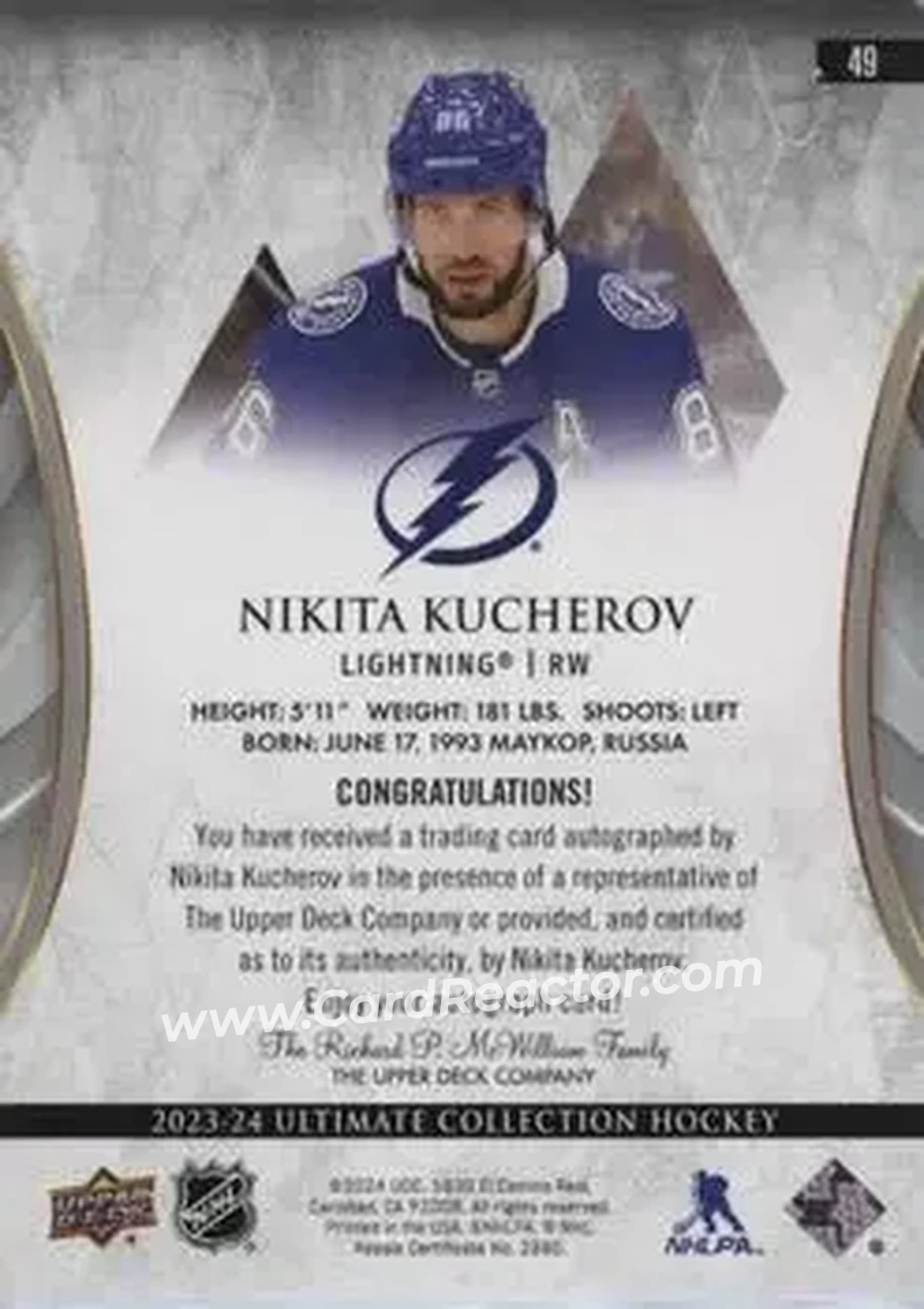 2023-24 Upper Deck Ultimate Collection - Autographs #49 - Nikita Kucherov - Tampa Bay Lightning - Back