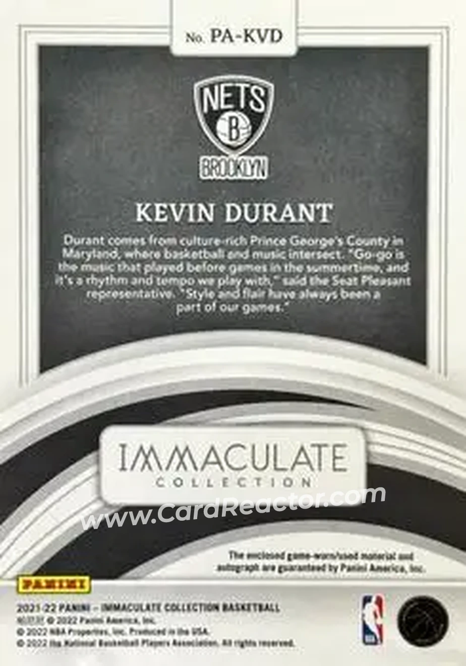 2023-24 Panini Immaculate Collection - 2021-22 Panini Immaculate Collection Update II: Patch Autographs Gold #PA-KVD - Kevin Durant - Brooklyn Nets - Back