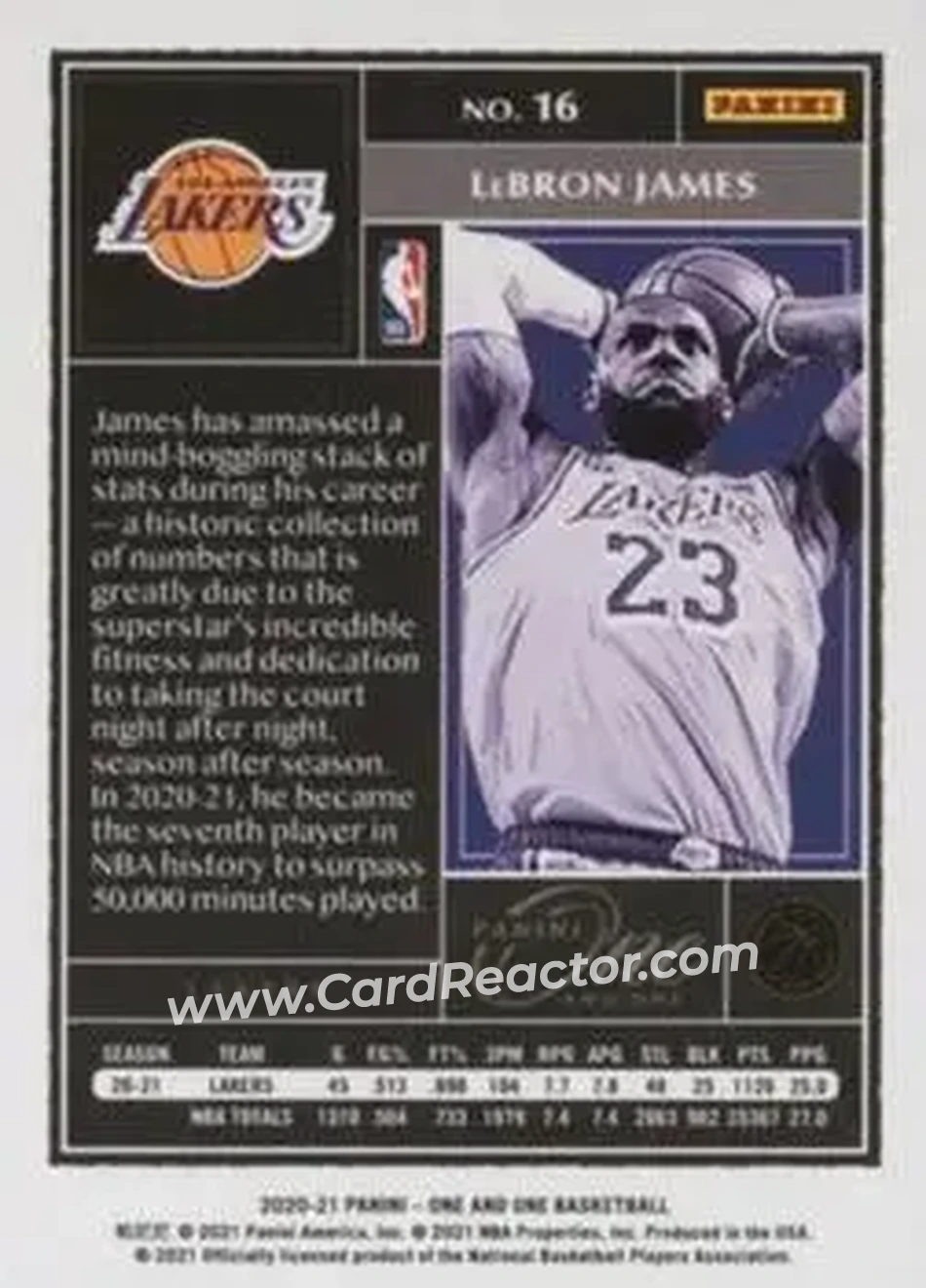 2020-21 Panini One and One - Blue #16 - LeBron James - Los Angeles Lakers - Back