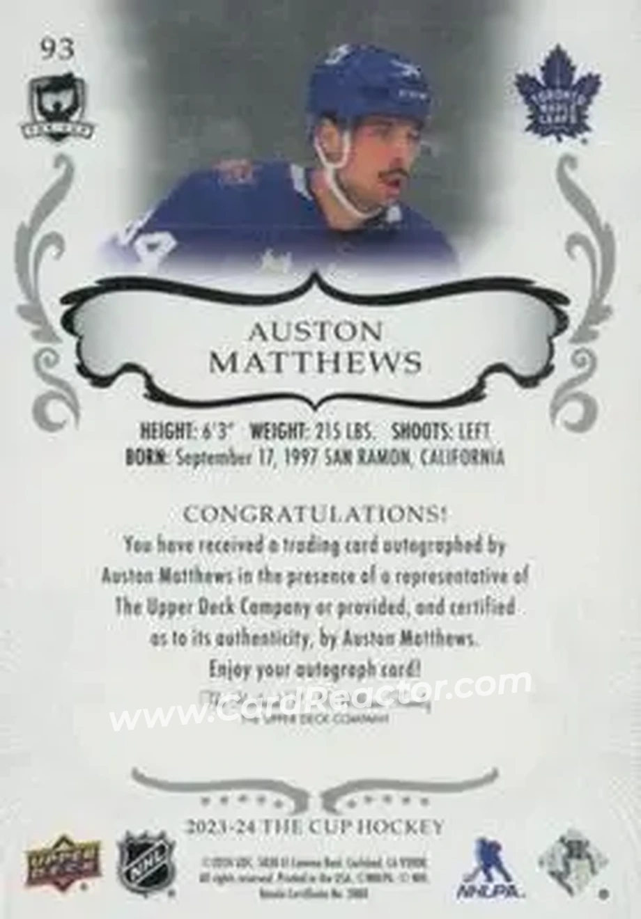 2023-24 Upper Deck The Cup - Gold Spectrum Foil #93 - Auston Matthews - Toronto Maple Leafs - Back