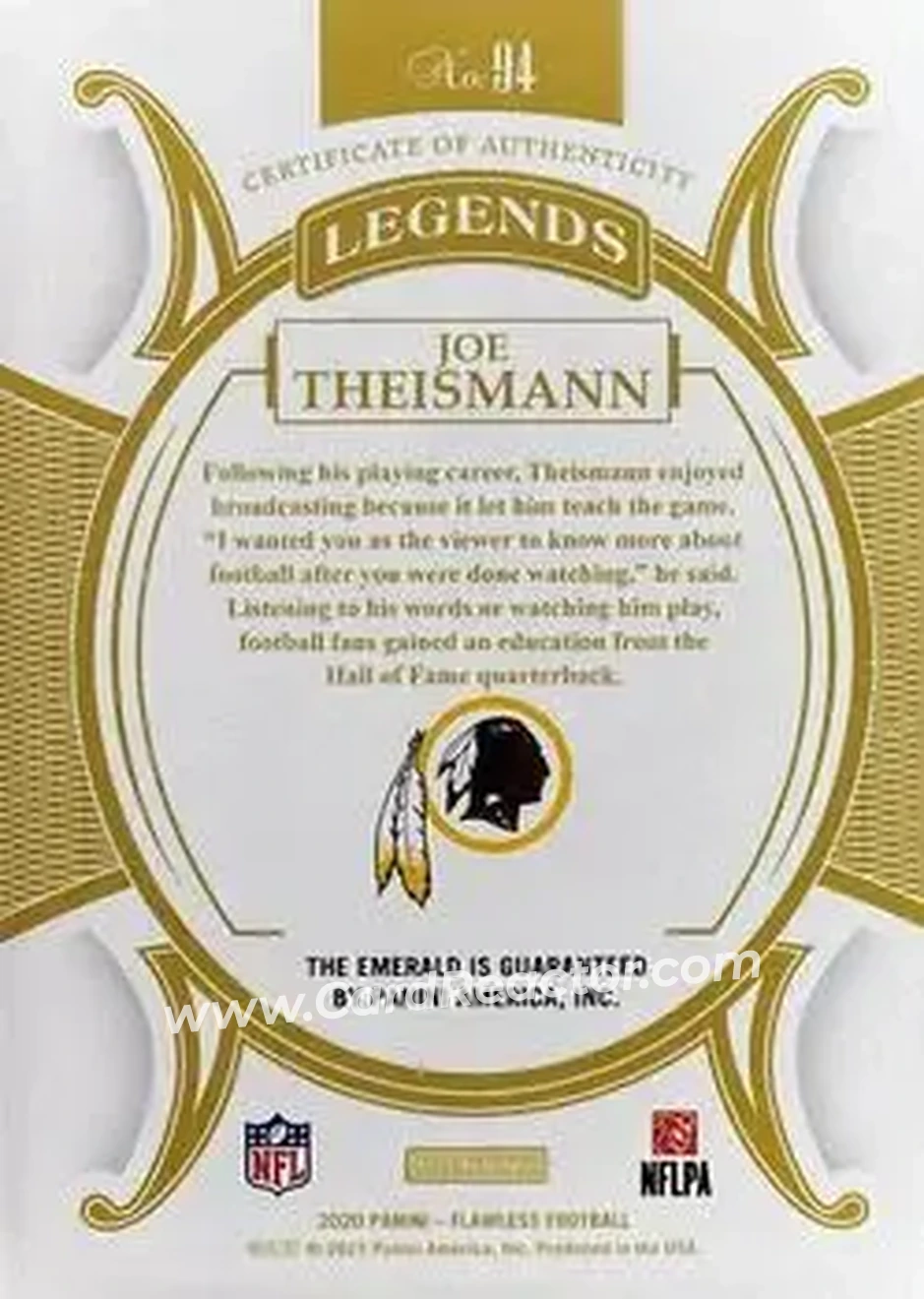 2020 Panini Flawless - Emeralds #94 - Joe Theismann - Washington Redskins - Back