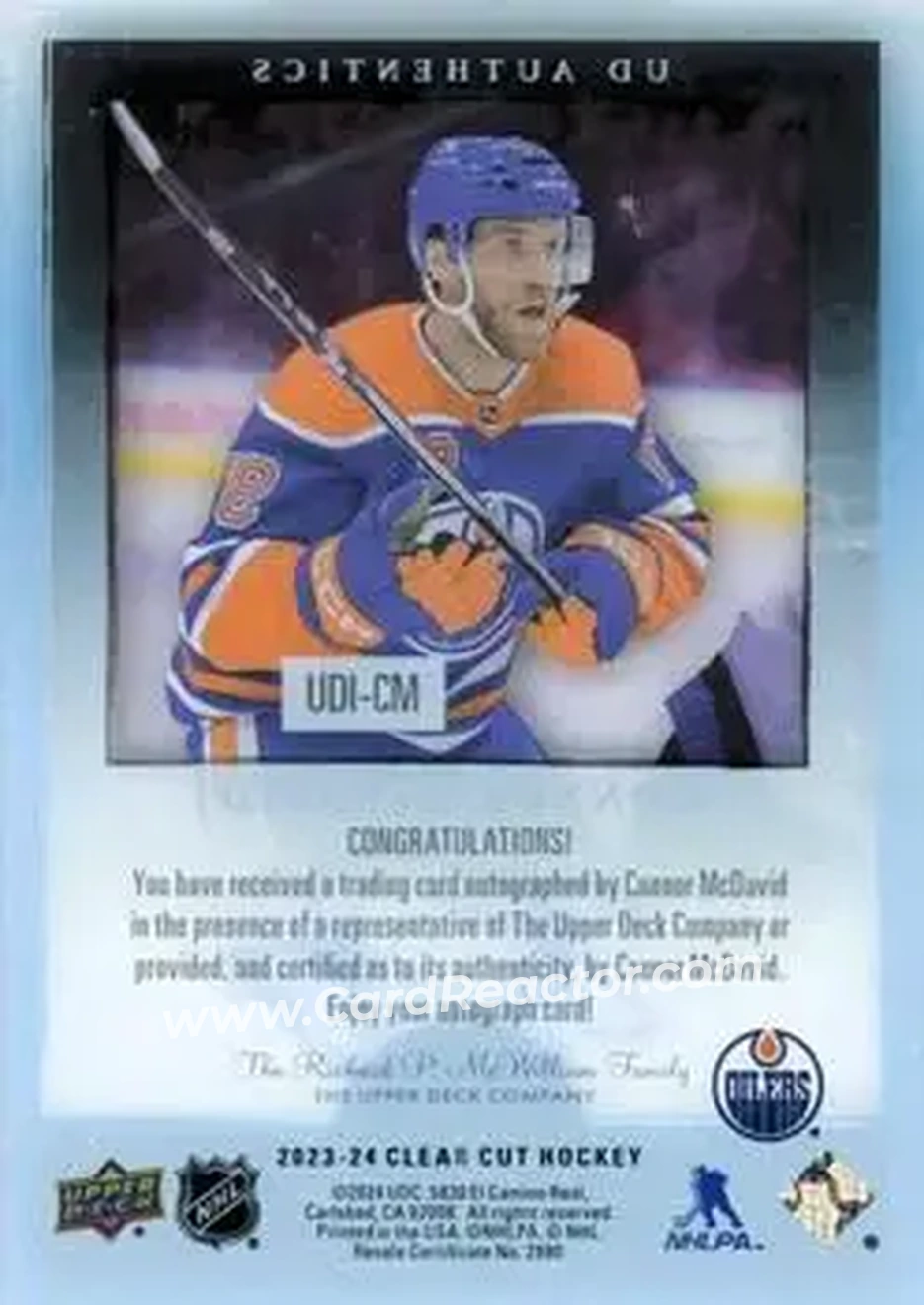 2023-24 Upper Deck Clear Cut - 1998-99 UD Ionix Authentics Blue #UDI-CM - Connor McDavid - Edmonton Oilers - Back 2023-24 Upper Deck Clear Cut - 1998-99 UD Ionix Authentics Blue #UDI-CM - Connor McDavid - Edmonton Oilers - Back