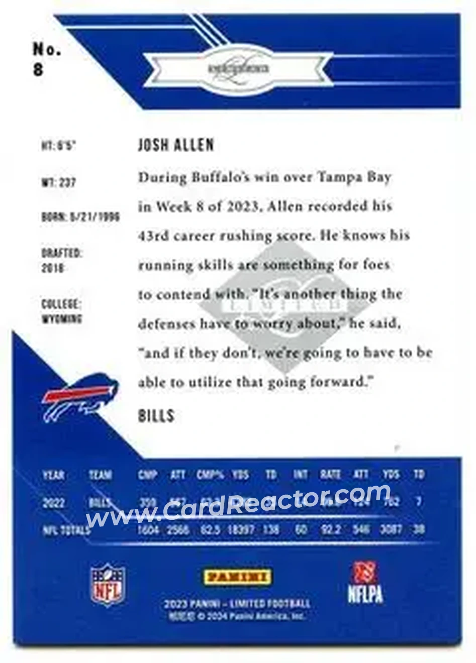 2023 Panini Limited - 2005 Limited Tribute Vets #8 - Josh Allen - Buffalo Bills - Back